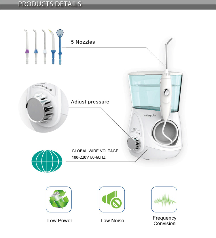 Waterpulse V600G / V600 Oral Irrigator Water Flosser Jet 5pcs Tips Dental Oral Hygiene Family Whitening Teeth Cleaner 700ml